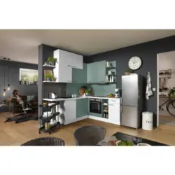 Eckk&uuml;che 225/200 cm in Wei&szlig;, Hellblau, Hellgr&uuml;n