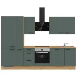 K&uuml;chenleerblock 300 cm in Eichefarben, Dunkelgr&uuml;n