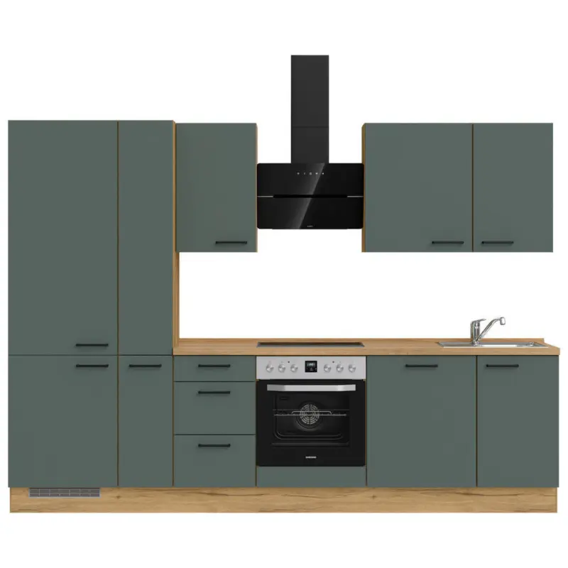 K&uuml;chenleerblock 300 cm in Eichefarben, Dunkelgr&uuml;n