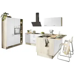 Eckk&uuml;che in Wei&szlig;, Tannenholzfarben