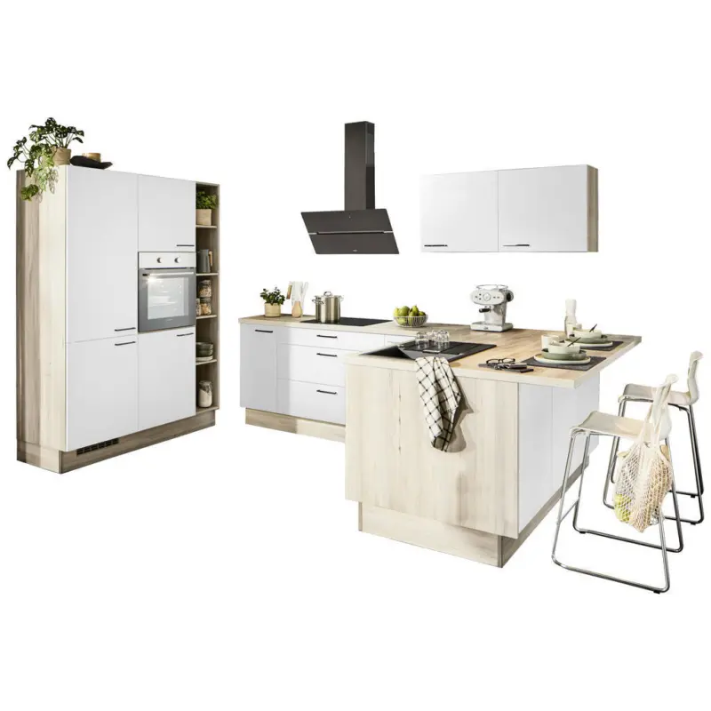 Eckk&uuml;che in Wei&szlig;, Tannenholzfarben