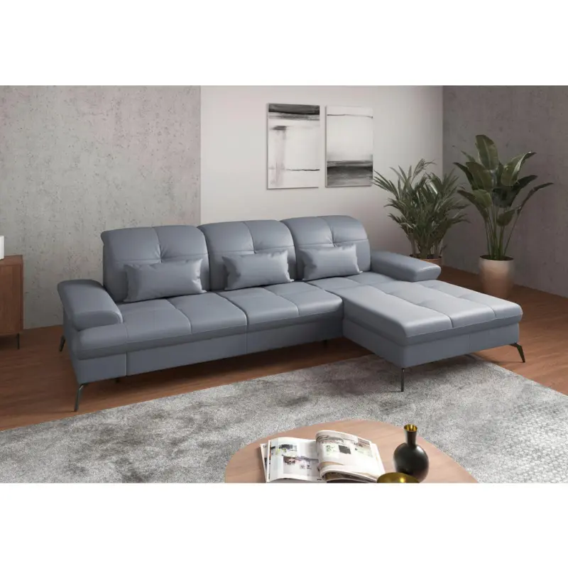 Ecksofa in Echtleder Graublau 279/185 cm