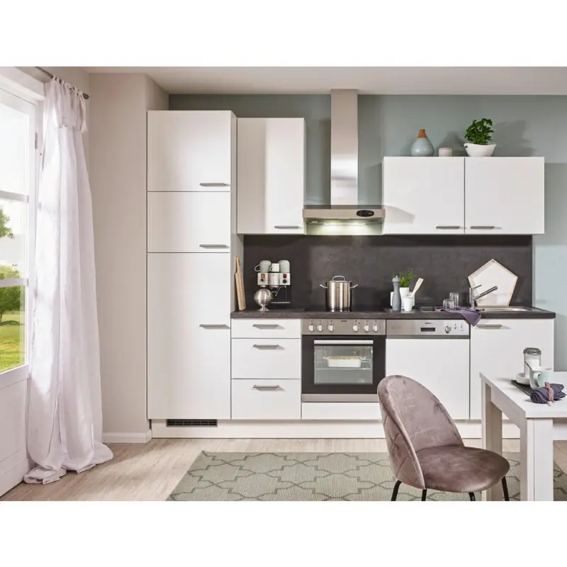 K&uuml;chenblock 290 cm in Wei&szlig;, Dunkelgrau