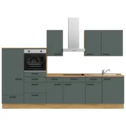 K&uuml;chenblock 330 cm in Eichefarben, Dunkelgr&uuml;n