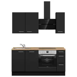 K&uuml;chenleerblock 180 cm in Schwarz, Eichefarben