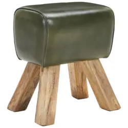 Hocker in Holz, Leder Olivgr&uuml;n