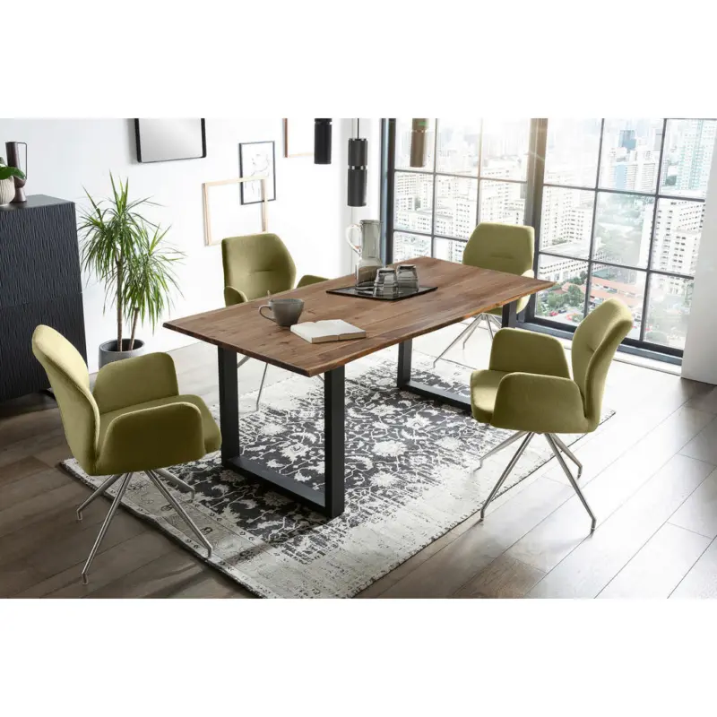 Tischgruppe in Holz, Metall, Textil Gr&uuml;n, Walnussfarben