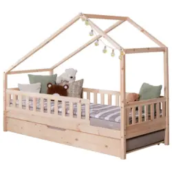 Hausbett Absturzsicherung, Matratze, Rollrost, Bettkasten 140/200 cm in Naturfarben