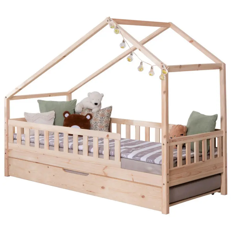 Hausbett Absturzsicherung, Matratze, Rollrost, Bettkasten 140/200 cm in Naturfarben