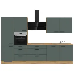 K&uuml;chenblock 330 cm in Eichefarben, Dunkelgr&uuml;n