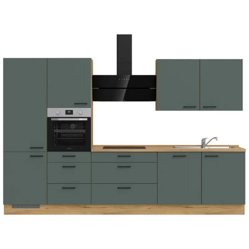 K&uuml;chenblock 330 cm in Eichefarben, Dunkelgr&uuml;n