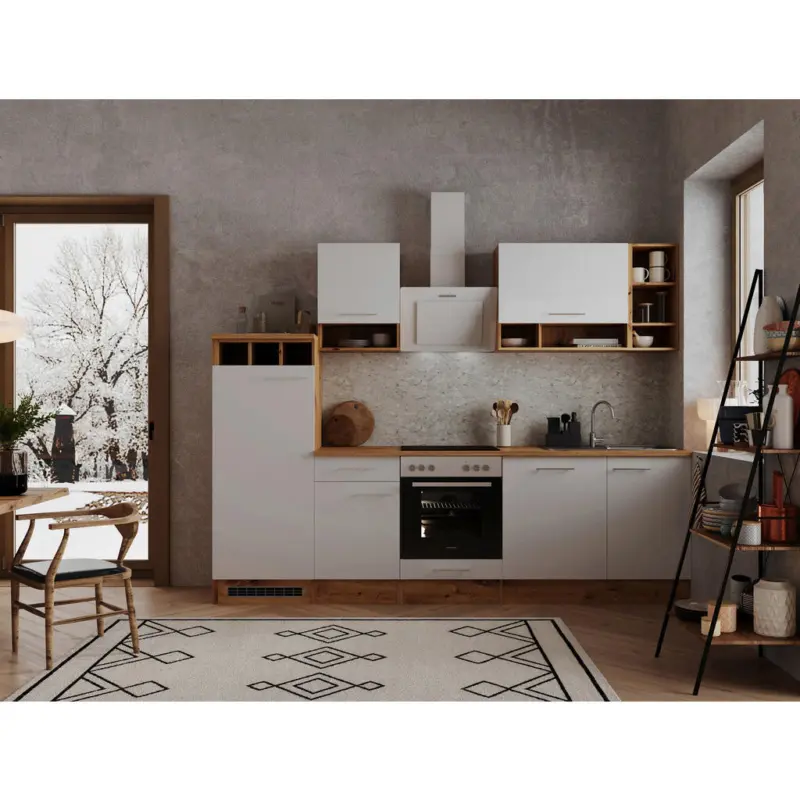 K&uuml;chenblock 280 cm in Wei&szlig;, Wildeiche