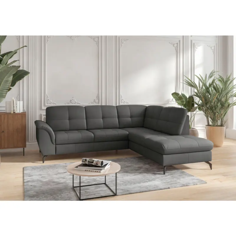 Ecksofa Zora E in Vliesstoff Kombination Echtleder/Stoff Anthrazit 244/212 cm