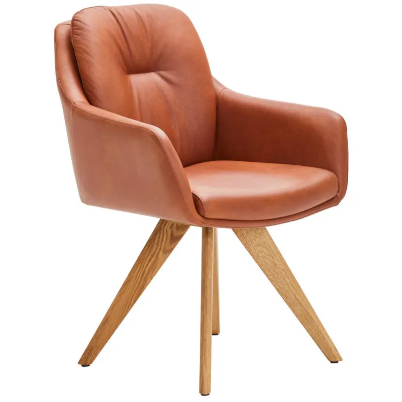 Armlehnstuhl in Holz, Leder Cognac, Wildeiche