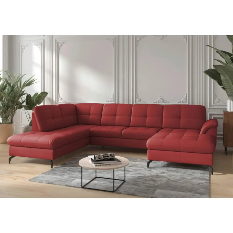 Wohnlandschaft Zora E in Vliesstoff Kombination Echtleder/Stoff Rot