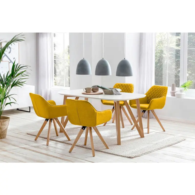 Tischgruppe in Holz, Textil, Holzwerkstoff Gelb, Naturfarben, Wei&szlig;