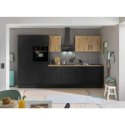 K&uuml;chenblock 340 cm in Schwarz, Eiche Artisan