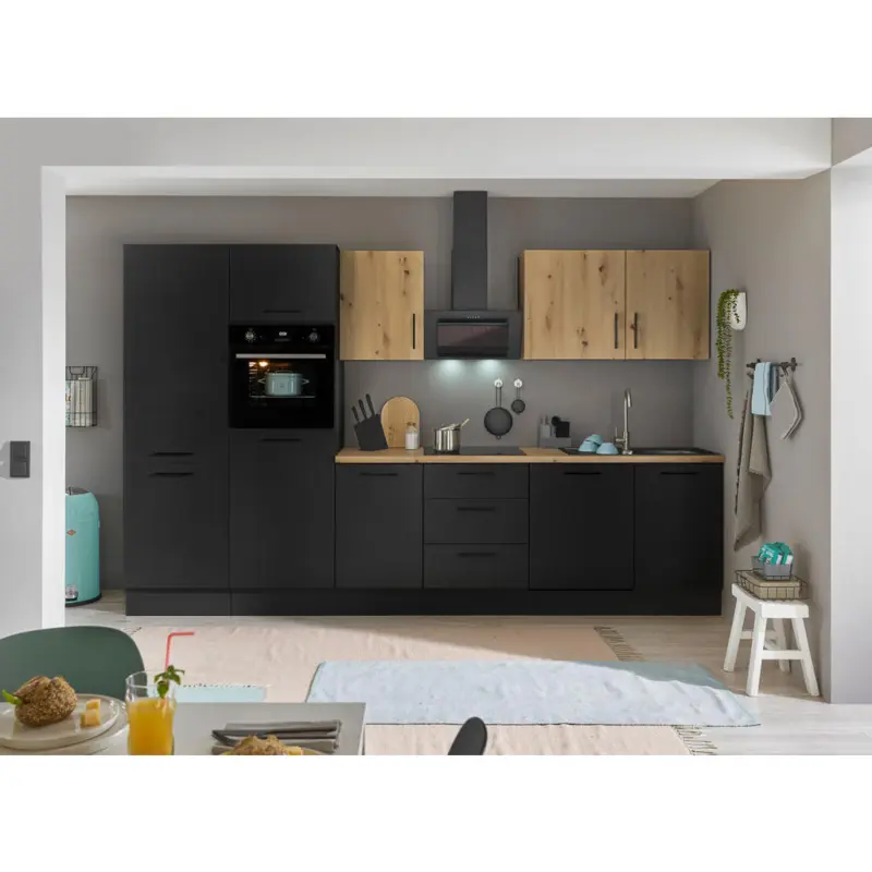 K&uuml;chenblock 340 cm in Schwarz, Eiche Artisan