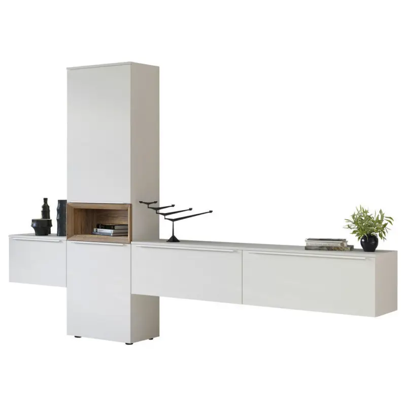 Wohnwand in Wei&szlig;, Eichefarben 300,4/205,2/37,4 cm