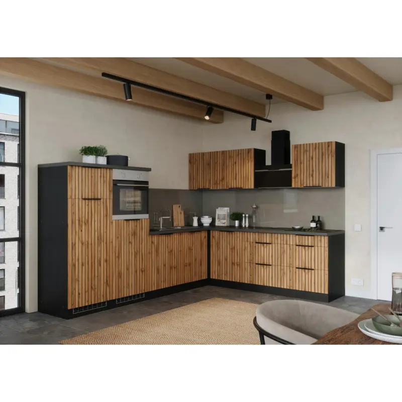 Eckk&uuml;che 300/240 cm in Graphitfarben, Eiche Wotan