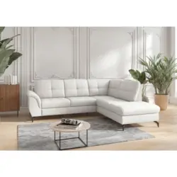 Ecksofa Zora E in Vliesstoff Kombination Echtleder/Stoff Wei&szlig; 244/212 cm