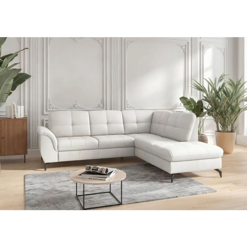 Ecksofa Zora E in Vliesstoff Kombination Echtleder/Stoff Wei&szlig; 244/212 cm