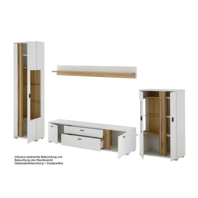 Wohnwand 4-teilig in Wei&szlig;, Eiche Wotan 355/200/42 cm