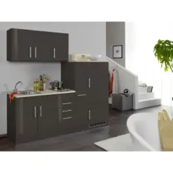 K&uuml;chenblock 210 cm in Graphitfarben, Grau Hochglanz