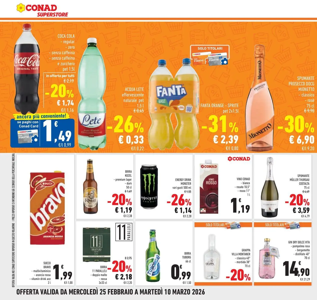 Volantino Conad dal 24/02/2026 > Anteprima | Pagina: 26 | Prodotti: Acqua Lete, Birra, Prosecco, Coca Cola