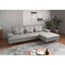 Ecksofa in Vliesstoff Kombination Echtleder/Stoff Hellgrau 279/185 cm