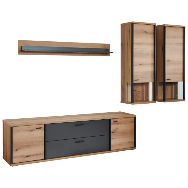 Wohnwand in Schwarz, Eichefarben, Dunkelgrau 315/209/50 cm