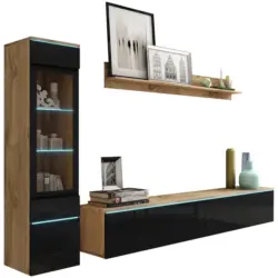 Wohnwand 3-teilig in Eiche Wotan, Schwarz Hochglanz 210/130/33 cm