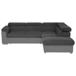 Ecksofa in Chenille, Lederlook Schwarz, Fango