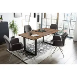 Tischgruppe in Holz, Metall, Textil Dunkelgrau, Walnussfarben