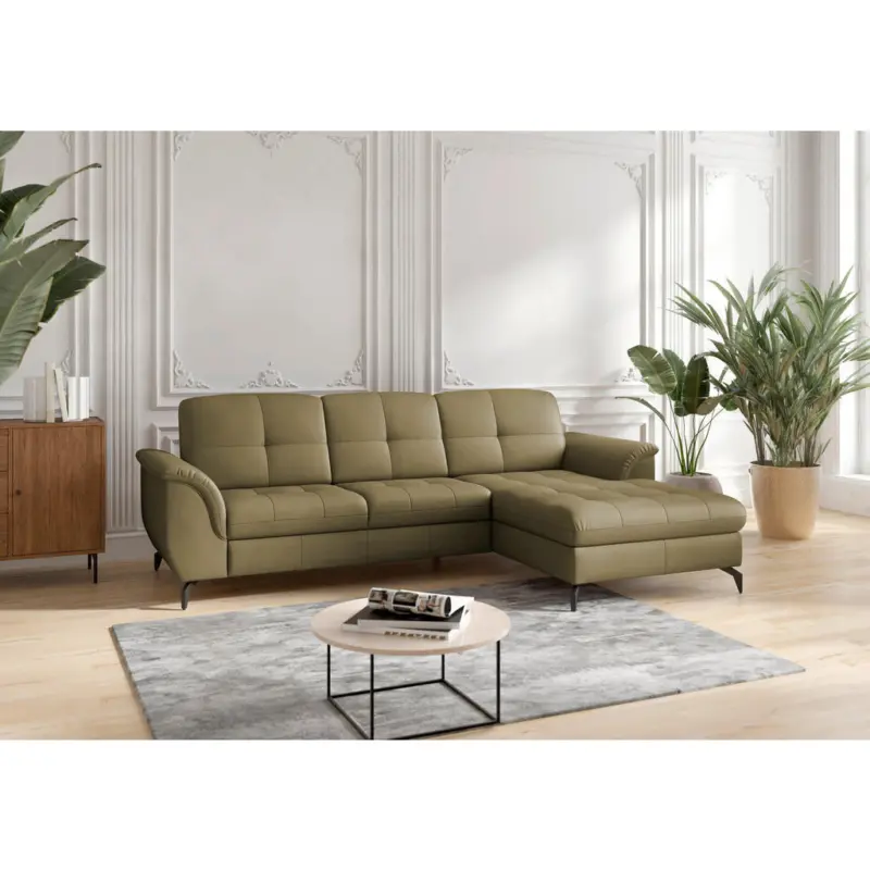 Ecksofa Zora E in Echtleder Olivgr&uuml;n 262/164 cm