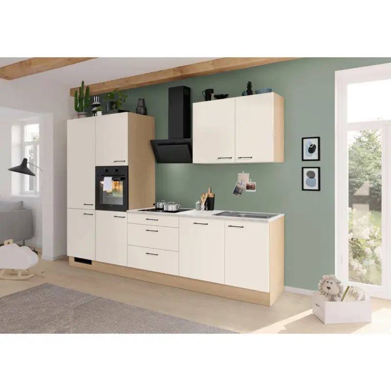 K&uuml;chenleerblock 310 cm in Wei&szlig;, Eichefarben