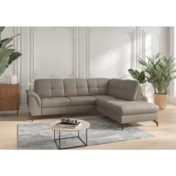 Ecksofa Zora E in Vliesstoff Kombination Echtleder/Stoff Grau 244/212 cm
