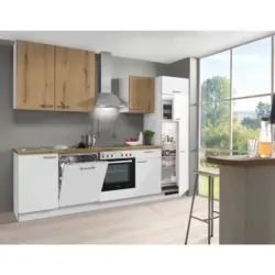 K&uuml;chenblock 280 cm in Wei&szlig;, Eichefarben