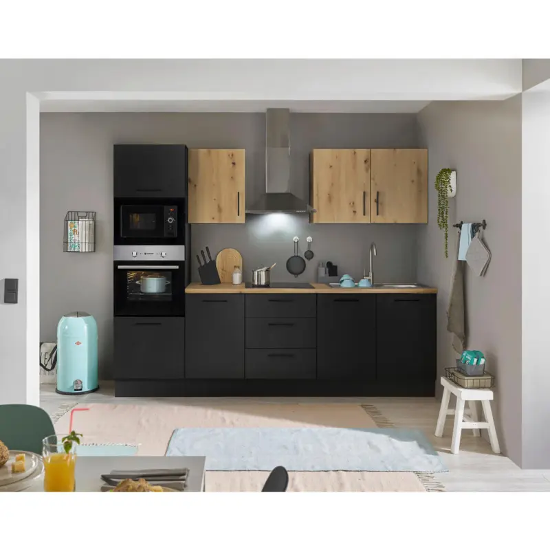 K&uuml;chenblock 270 cm in Schwarz, Eiche Artisan