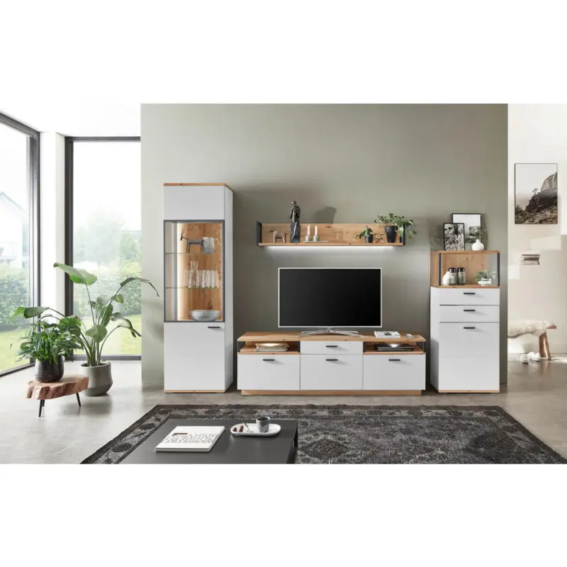 Wohnwand in Wei&szlig;, Eiche Artisan 320/206/50 cm