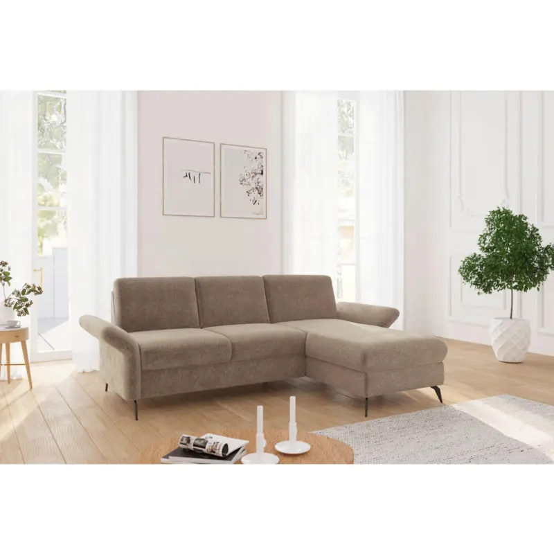 Ecksofa Rochelle E in Flachgewebe Hellbraun 251/164 cm