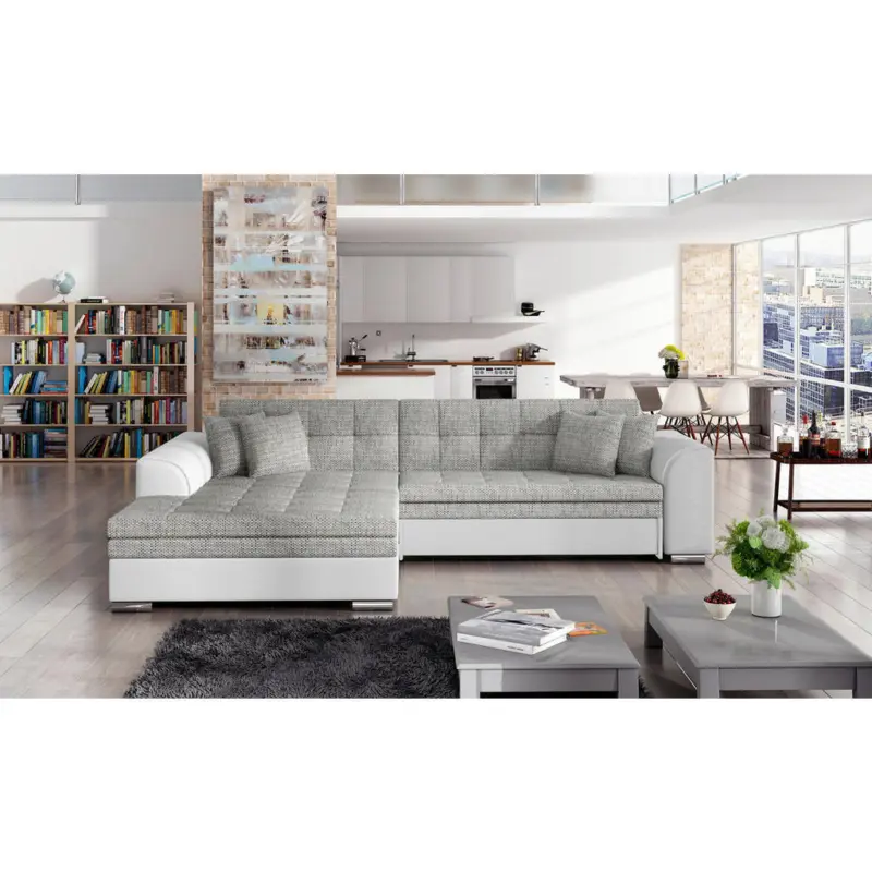 Ecksofa in Webstoff Grau, Wei&szlig; 194/296 cm