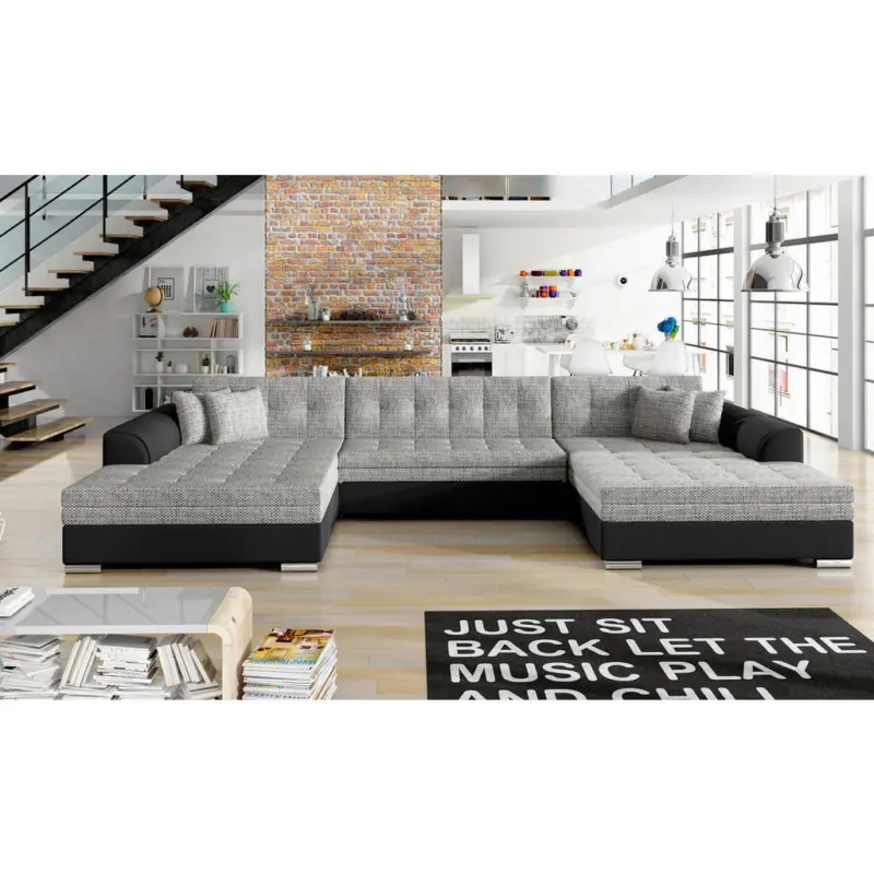 Wohnlandschaft in Webstoff Grau, Schwarz