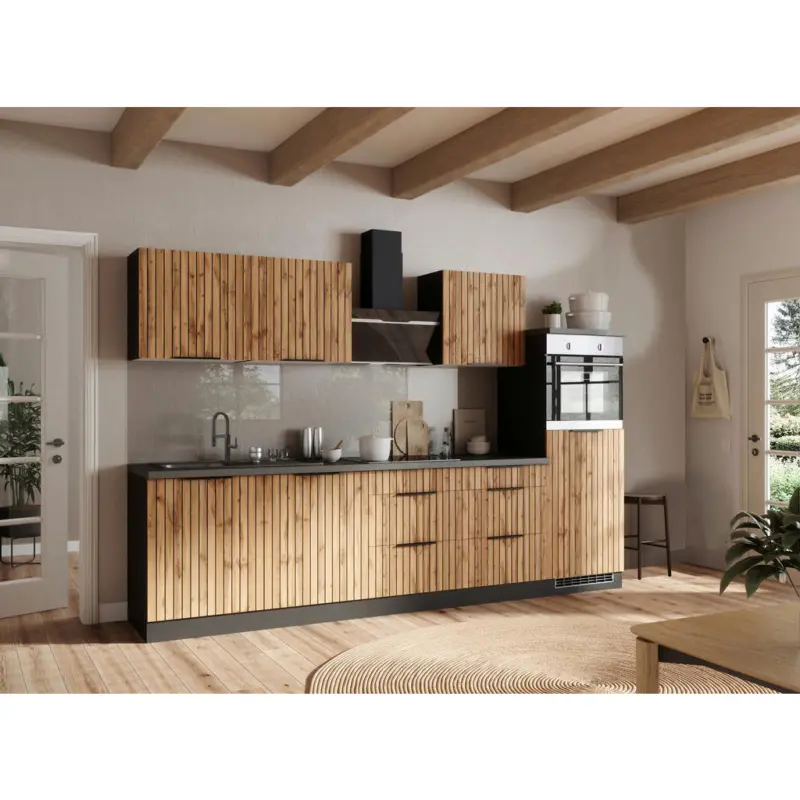 K&uuml;chenblock 300 cm in Graphitfarben, Eiche Wotan