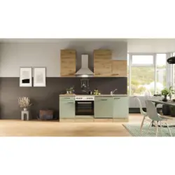 K&uuml;chenblock 220 cm in Gr&uuml;n, Eiche Artisan