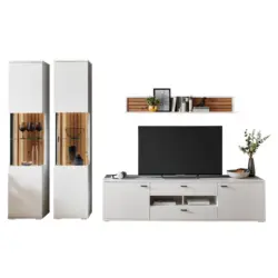 Wohnwand in Wei&szlig;, Eiche Artisan 315/208/50,2 cm