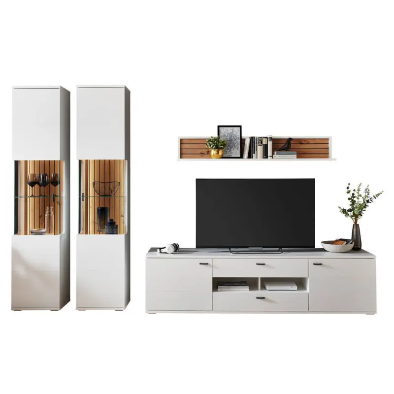 Wohnwand in Wei&szlig;, Eiche Artisan 315/208/50,2 cm