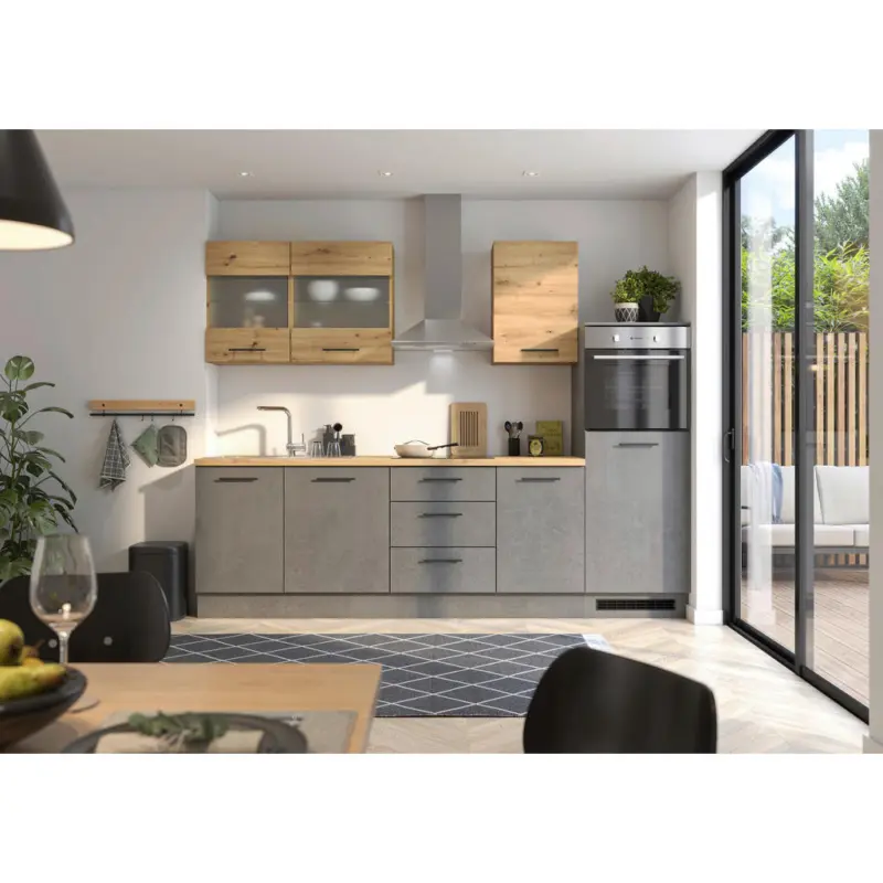 K&uuml;chenblock 280 cm in Dunkelgrau, Eiche Artisan