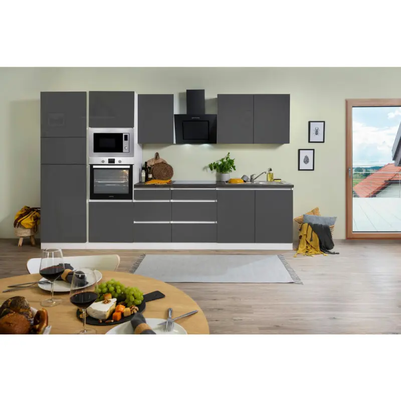 K&uuml;chenblock 335 cm in Grau Hochglanz