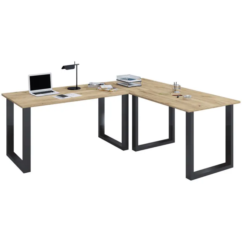 Eckschreibtisch 160/130/76 cm in Schwarz, Honigeiche